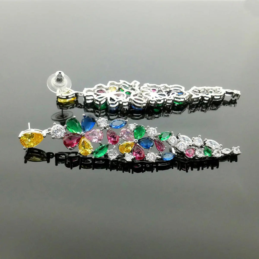 Zilverkleurige lange oorbellen met multicolor zirkonia's Victoria Valenza